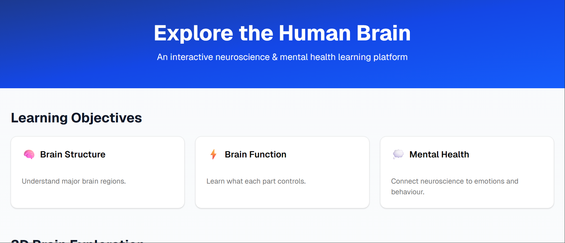 3D Brain Exploration - Interactive 3D brain anatomy learning platform with immersive visualizations and educational content